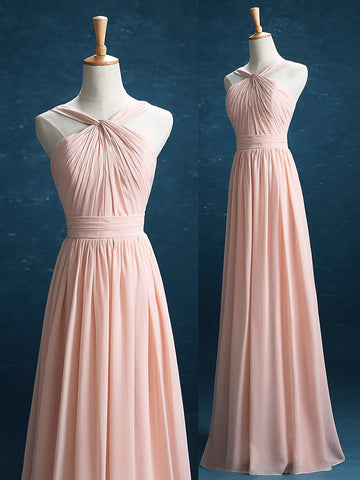 Chiffon Bridesmaid Dress A-Line Princess Double Straps Halter-neck Floor-length