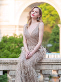 Mermaid V-neck V-back Beaded Feather Luxurious Fashion Formal Evening Dresses Sleeveless Floor Length