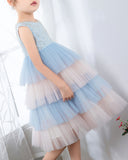 Light Blue Sleeveless Beaded Girls Princess Dresses Birthday Dress Party Dresses Kids Fashion Dresses - dressblee