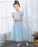 Light Blue Short Sleeves Beaded Girls Princess Dresses Birthday Dress Party Dresses Kids Fashion Dresses