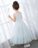 Light Blue Sleeveless Beaded Girls Princess Dresses Birthday Dress Party Dress Children's Occasion Wear - dressblee