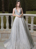 A-line Light Grey Gown of Embroidered Matches the Low V-back
