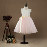 A-line Knee-length Flower Girl Dress Lace match Tulle Sleeveless Jewel Neck with Belt