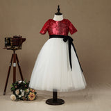 A-line Tea-length Flower Girl Dress Tulle match Sequins Short sleeves Jewel Neck with Belt