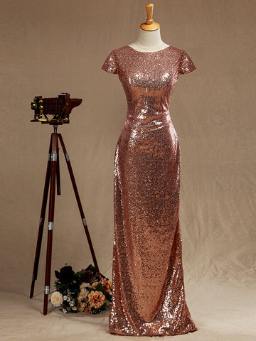 Rose Gold Sequin Bridesmaid dress Cowl Back Cap Sleeves Scoop neck