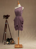Mini Chiffon Bridesmaid Dress Dusty Purple One Shoulder A-line Asymmetrical Pleats