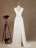 A-Line V-neck Floor Length Chiffon match Lace Wedding Dress with Beading Belt Split Short Train