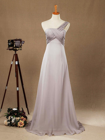 Sheath / Column One Shoulder Floor Length Chiffon Bridesmaid Dress with Criss Cross Ruching