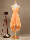 A-Line V-neck High-low Chiffon Bridesmaid Dress with Draping Criss Cross Ruching Open Back