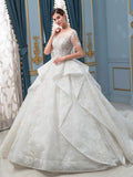 Ball Gown Wedding Dresses Handmade Beaded Luxurious Floor Length Short Sleeve With Long Train