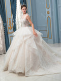 Ball Gown Wedding Dresses Handmade Beaded Luxurious Floor Length Sleeveless With Long Train