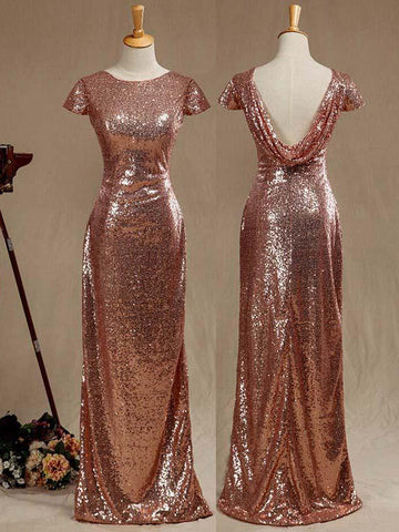Rose Gold Sequin Bridesmaid dress Cowl Back Cap Sleeves Scoop neck