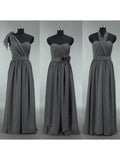 Convertible Dark Grey Chiffon Bridesmaid Dress A-line One Shoulder Halter-neck Strapless Sweetheart