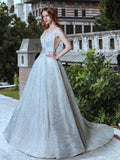 A-line Light Grey Gown of Embroidered Matches the Low V-back - dressblee