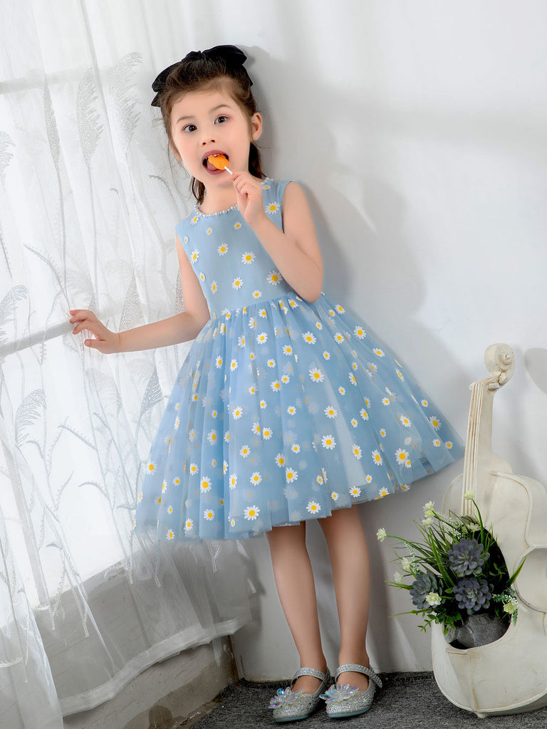 Kids Little Blue Daisy Flower Girls' Princess Cute Dresses  Children's Occasion Wear Party Dresses Birthday Dress - dressblee