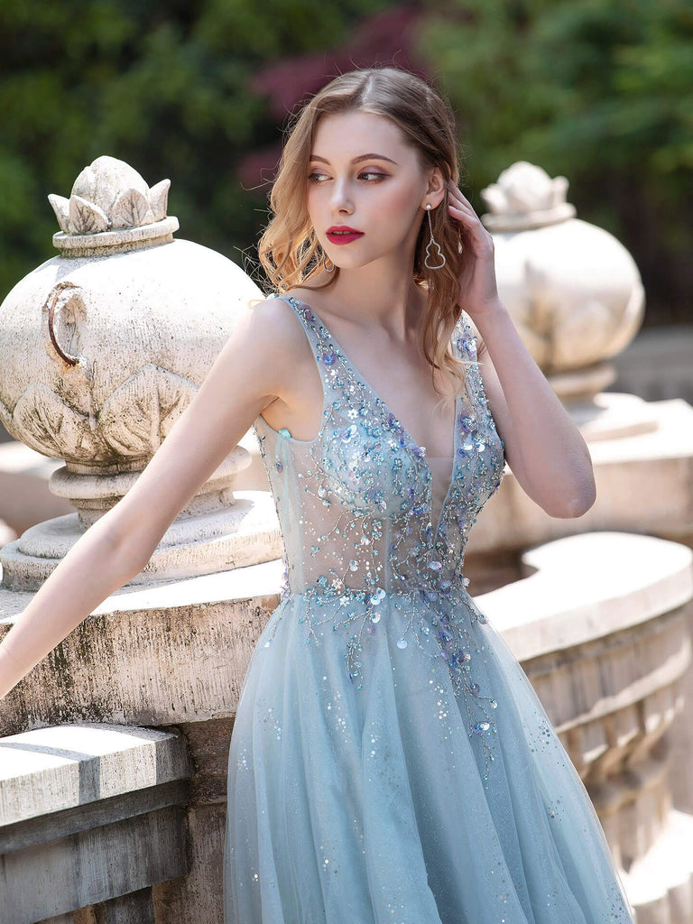 A-line Luxurious V-neck Sexy Formal Evening Dress Long Sleeveless dressblee A-line Luxurious V-neck Sexy Formal Evening Dress Long Sleeveless dressblee