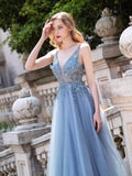 A-line Tulle V-neck Luxurious Sexy Formal Evening Dresses Sleeveless Floor Length