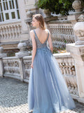 A-line Tulle V-neck Luxurious Sexy Formal Evening Dresses Sleeveless Floor Length