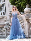 A-line Tulle Luxurious Sexy Formal Evening Dresses Spaghetti Strap Sleeveless Floor Length