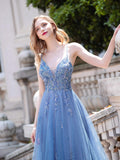 A-line Tulle Luxurious Sexy Formal Evening Dresses Spaghetti Strap Sleeveless Floor Length