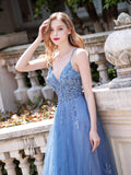 A-line Tulle Luxurious Sexy Formal Evening Dresses Spaghetti Strap Sleeveless Floor Length