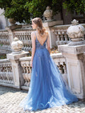 A-line Tulle Luxurious Sexy Formal Evening Dresses Spaghetti Strap Sleeveless Floor Length