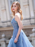 A-line Tulle Luxurious Sexy Formal Evening Dresses Spaghetti Strap Sleeveless Floor Length