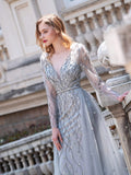 Mermaid Beaded V-neck Luxurious Fashion Formal Evening Dresses Long Sleeve Floor Length