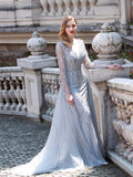 Mermaid Beaded V-neck Luxurious Fashion Formal Evening Dresses Long Sleeve Floor Length