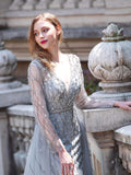 Mermaid Beaded V-neck Luxurious Fashion Formal Evening Dresses Long Sleeve Floor Length