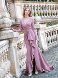 Mermaid V-neck Fashion Formal Evening Dresses Long Sleeve Floor Length