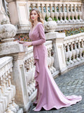 Mermaid V-neck Fashion Formal Evening Dresses Long Sleeve Floor Length