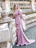 Mermaid V-neck Fashion Formal Evening Dresses Long Sleeve Floor Length