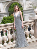 Vintage Grey Evening Dresses Luxury Sequin Beading Mermaid Straps Sexy Elegant Party Dress