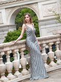 Vintage Grey Evening Dresses Luxury Sequin Beading Mermaid Straps Sexy Elegant Party Dress