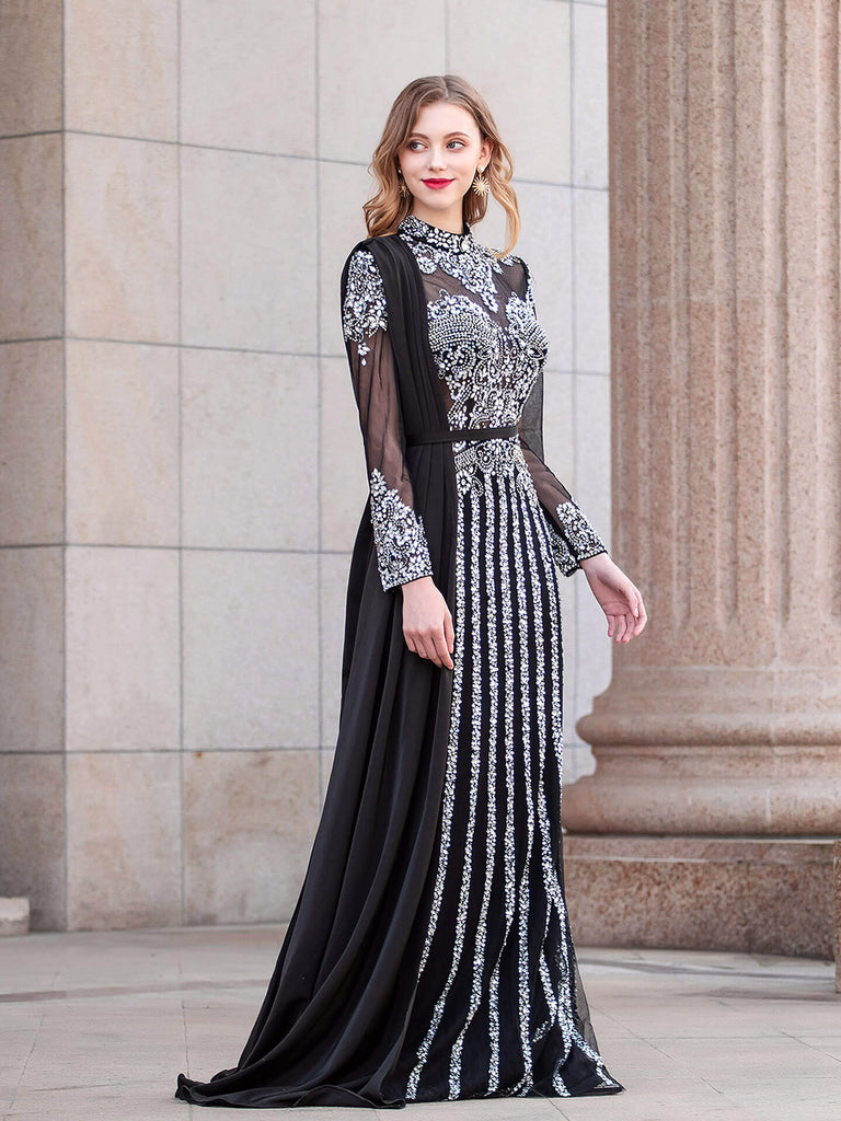 Mermaid Beaded Luxurious Fashion Formal Evening Dresses Long Sleeve Floor Length