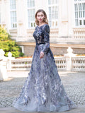 A-line Fashion Formal Evening Dresses Long Sleeve Floor Length Prom Dresses