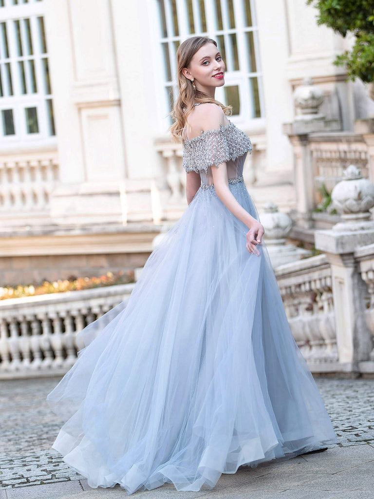 A-Line Tulle Beaded Luxurious Fashion Formal Evening Dresses Short Sleeves Floor Length Prom Dresses