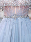 A-Line Tulle Beaded Luxurious Fashion Formal Evening Dresses Short Sleeves Floor Length Prom Dresses