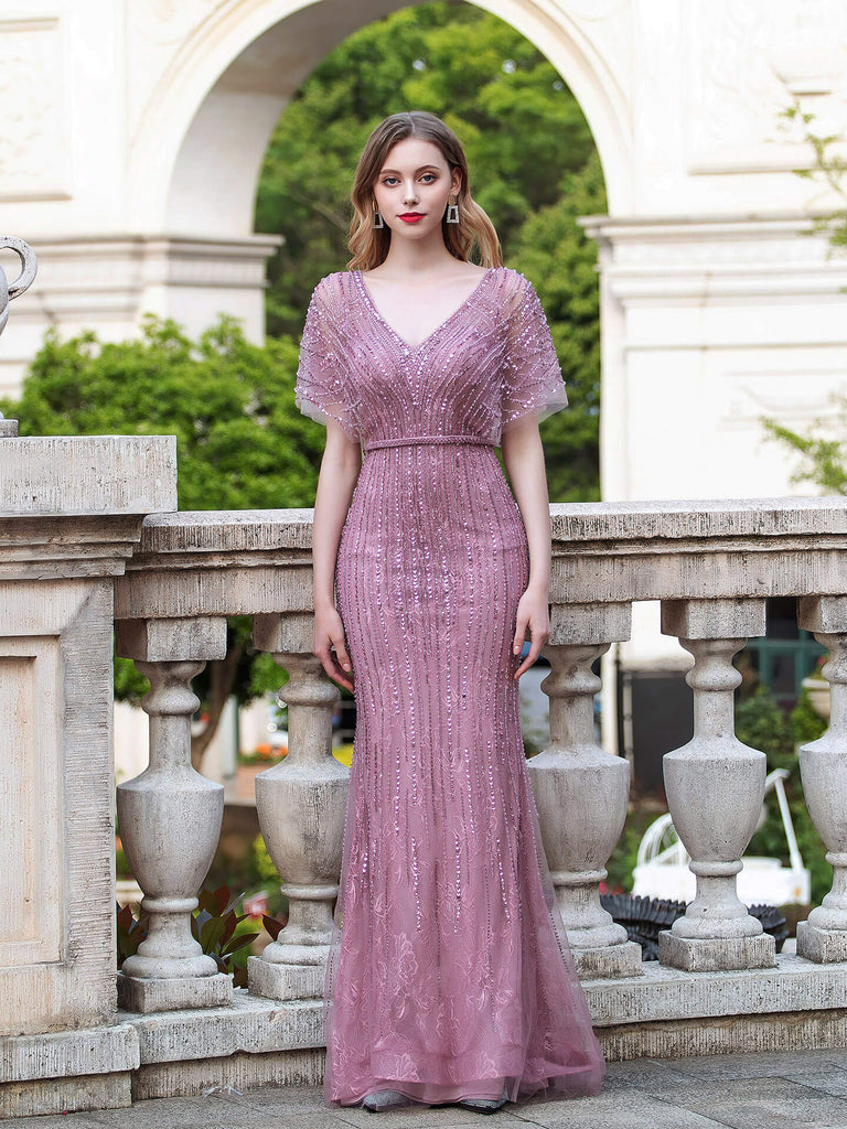 Mermaid V-neck Beaded Luxurious Fashion Formal Evening Dresses Short Sleeve Floor Length Prom Dresses