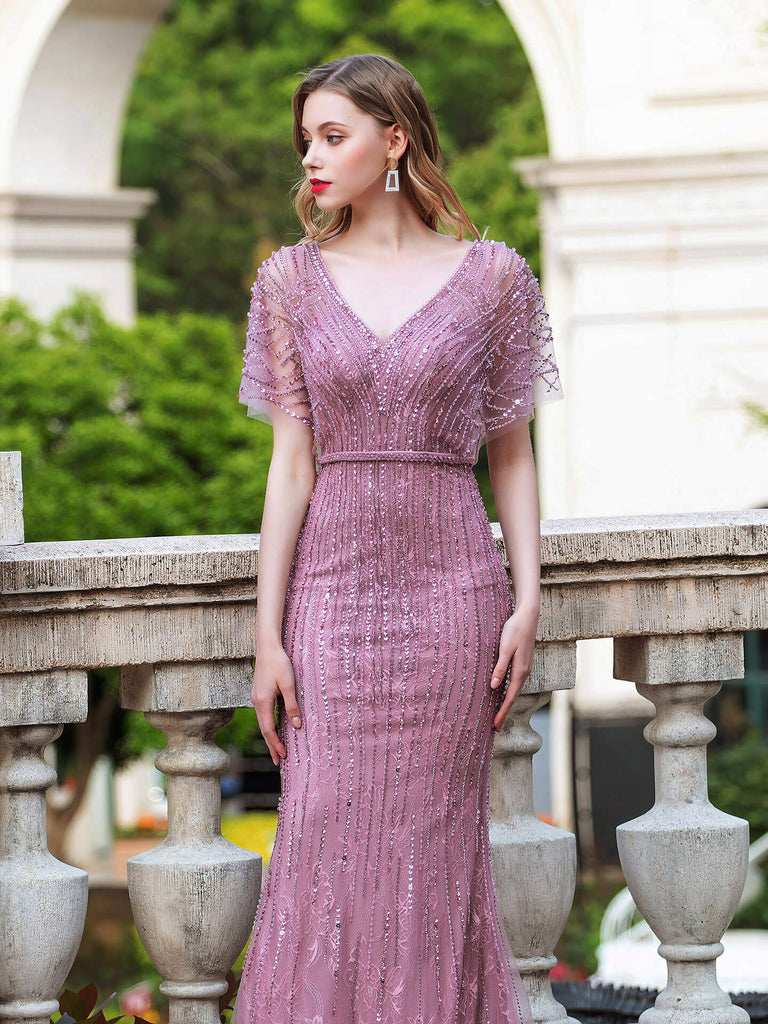 Mermaid Luxurious Fashion Sexy Evening Dress Short Sleeves Prom Dress dressblee Mermaid Luxurious Fashion Sexy Evening Dress Short Sleeves Prom Dress dressblee