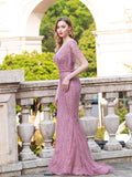 Mermaid V-neck Beaded Luxurious Fashion Formal Evening Dresses Short Sleeve Floor Length Prom Dresses