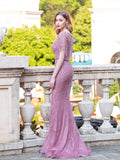 Mermaid V-neck Beaded Luxurious Fashion Formal Evening Dresses Short Sleeve Floor Length Prom Dresses