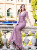 Mermaid V-neck Beaded Luxurious Fashion Formal Evening Dresses Short Sleeve Floor Length Prom Dresses