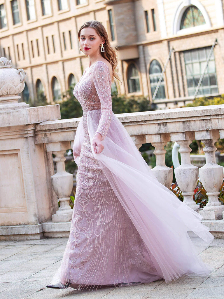 Mermaid V-neck Beaded Luxurious Fashion Formal Evening Dresses Long Sleeve Floor Length Prom Dresses