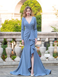Mermaid / Column V-neck Fashion Formal Evening Dresses With Split Long Sleeve Floor Length