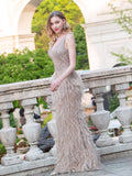 Mermaid V-neck V-back Beaded Feather Luxurious Fashion Formal Evening Dresses Sleeveless Floor Length