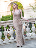 Mermaid V-neck V-back Beaded Feather Luxurious Fashion Formal Evening Dresses Sleeveless Floor Length