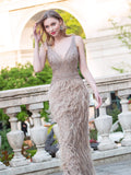Mermaid V-neck V-back Beaded Feather Luxurious Fashion Formal Evening Dresses Sleeveless Floor Length