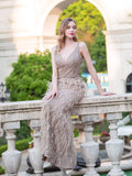 Mermaid V-neck V-back Beaded Feather Luxurious Fashion Formal Evening Dresses Sleeveless Floor Length